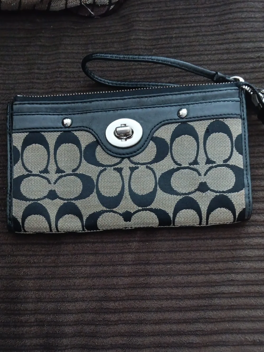 Signature Logo Wristlet in Black and Tan